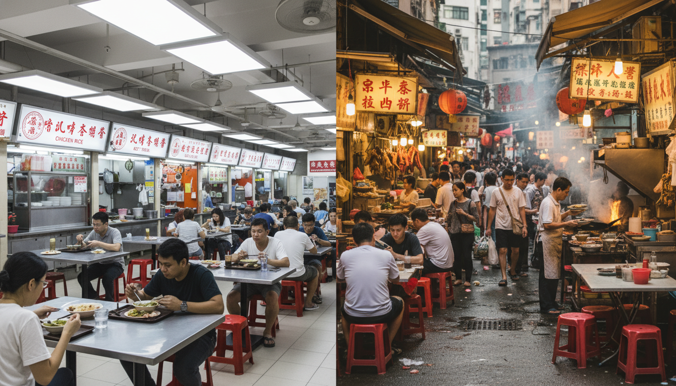 Image: A split image comparing two bustling Asian food scenes. Left side: A clean, organized Singaporean hawker centre with bright lighting, communal tables, and visible stall signs. Right side: A more chaotic, vibrant Hong Kong street food market or dai pai dong with open kitchens, plastic stools, and a grittier, energetic atmosphere.