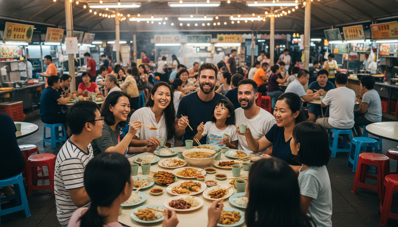 Image: A warm, inviting wide shot of a diverse group of people (including a Vietnamese-Australian family) happily sharing a meal at a communal table in a lively Singaporean hawker centre at dusk. Plates of various local dishes are spread out, and their faces reflect joy and connection. Soft string lights hang overhead.