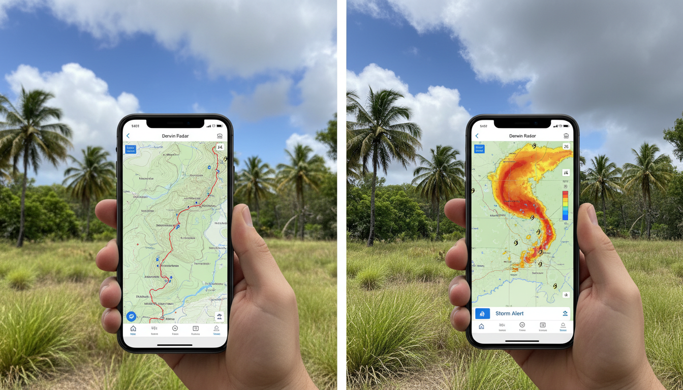Image: A split image showing: on the left, a smartphone screen displaying a detailed topographic map of Kakadu National Park with GPS tracking, and on the right, another smartphone screen showing the Bureau of Meteorology app with a weather radar overlaying a map of Darwin, indicating a storm front. Both screens are held by hands with a backdrop of a lush, green Top End landscape under a vast sky.