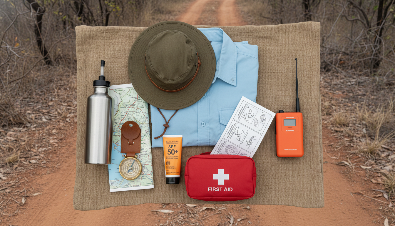 Image: A flat lay of essential tropical survival gear for the Top End: a wide-brimmed hat, long-sleeved UPF shirt, high SPF sunscreen, a comprehensive first-aid kit with snake bite bandage, a reusable water bottle with a purification filter, a physical map and compass, and a satellite communication device. All items are neatly arranged on a natural-toned canvas or ground with a hint of a dusty track or bushland in the background.
