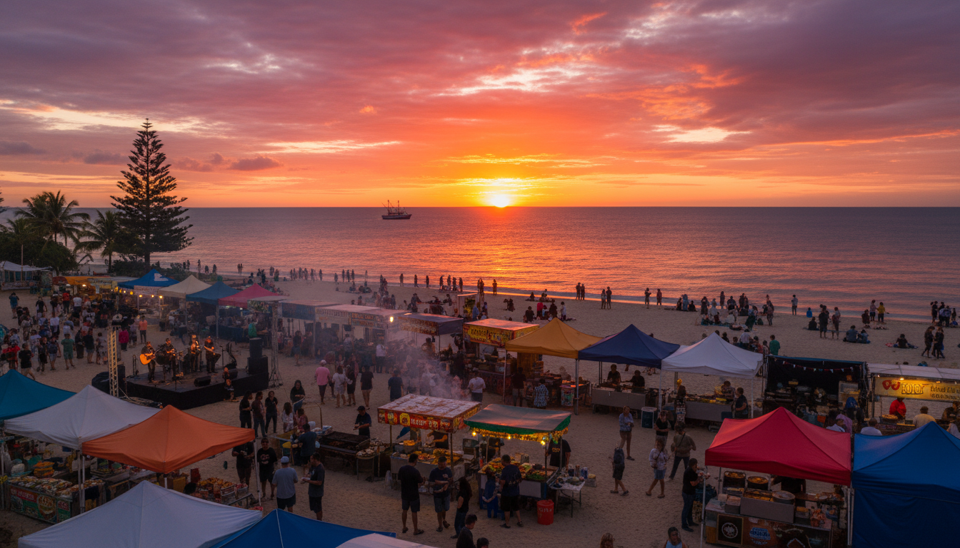 Image: A vibrant and bustling Mindil Beach Sunset Market in Darwin, with diverse food stalls emitting delicious aromas, people mingling and eating, and a stunning orange and purple sunset over the Arafura Sea in the background.