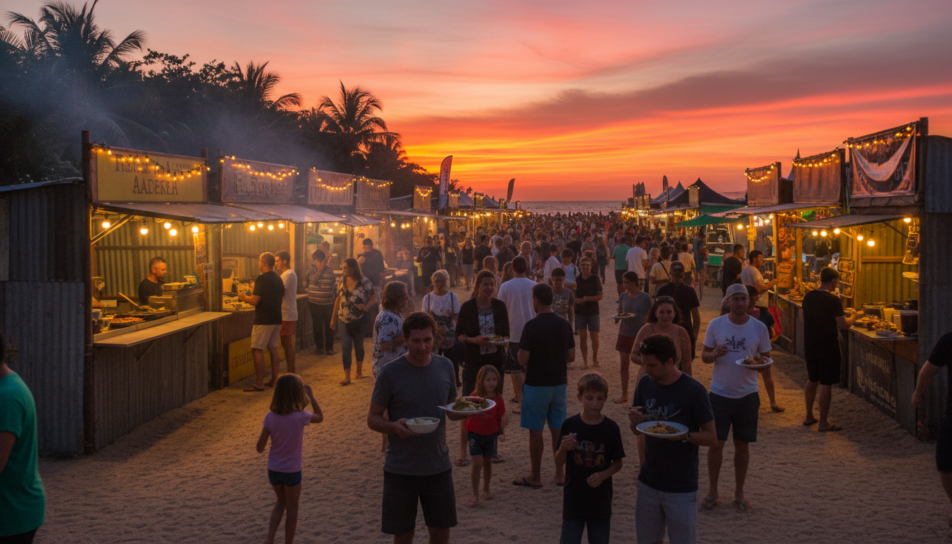 Image: A vibrant, bustling Mindil Beach Sunset Market scene at dusk in Darwin. Food stalls are glowing with warm lights, people are milling around, eating and socializing, and the sky is painted with orange and purple hues of a tropical sunset over the Arafura Sea.