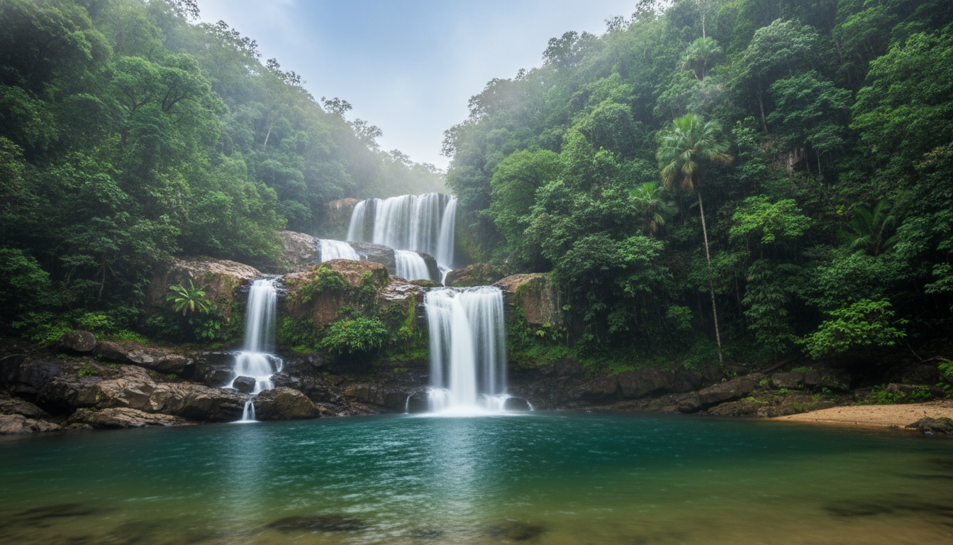 Image: A powerful, wide-angle view of Florence Falls in Litchfield National Park during the wet season. Water is cascading down multiple tiers into a crystal-clear plunge pool below, surrounded by vibrant green, dense tropical rainforest. The atmosphere is misty and lush.