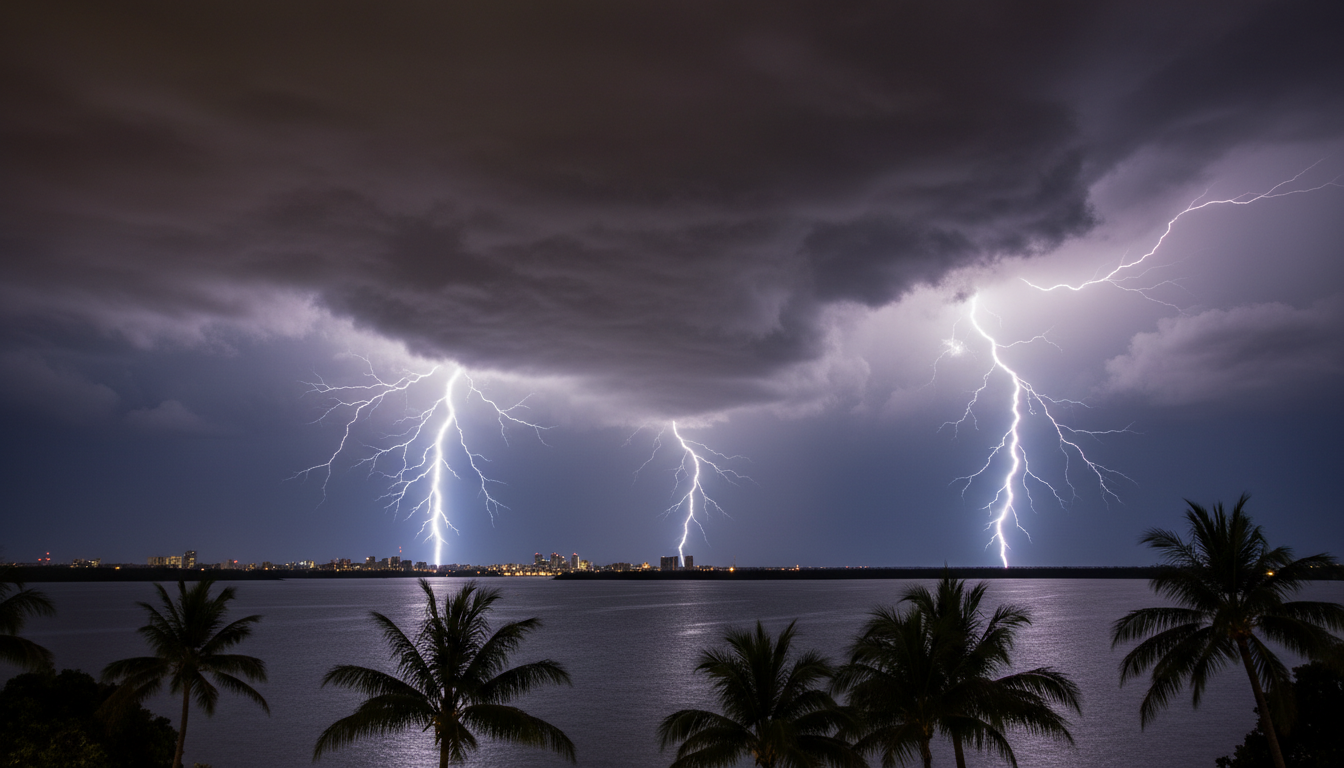 Image: A dramatic tropical lightning storm illuminating the night sky over Darwin Harbour. The lightning forks are brilliant against dark, heavy clouds, with the silhouettes of palm trees and a calm body of water in the foreground, reflecting the flashes.
