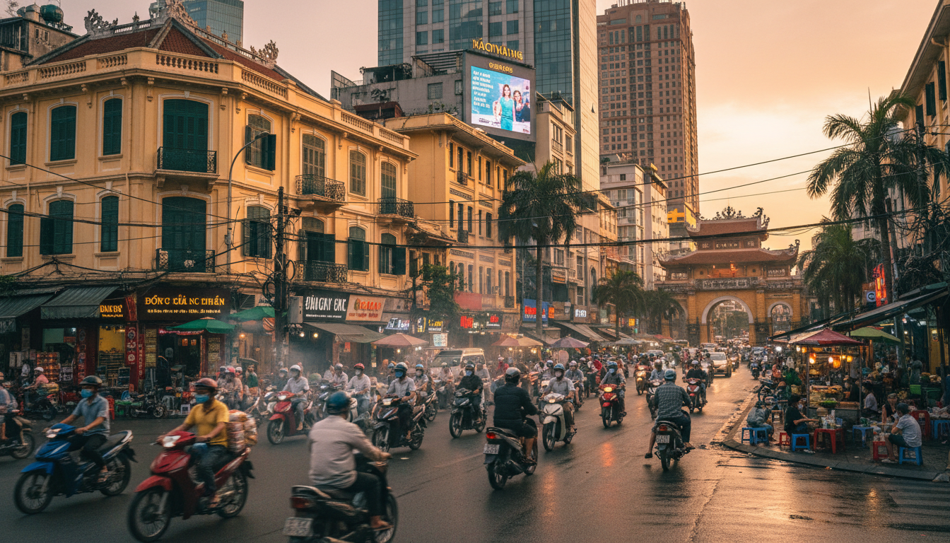 Image: A bustling street scene in Ho Chi Minh City, Vietnam, with a mix of traditional architecture and modern skyscrapers, motorbikes, and vibrant street food stalls, showcasing the blend of old and new in an Asian metropolis.