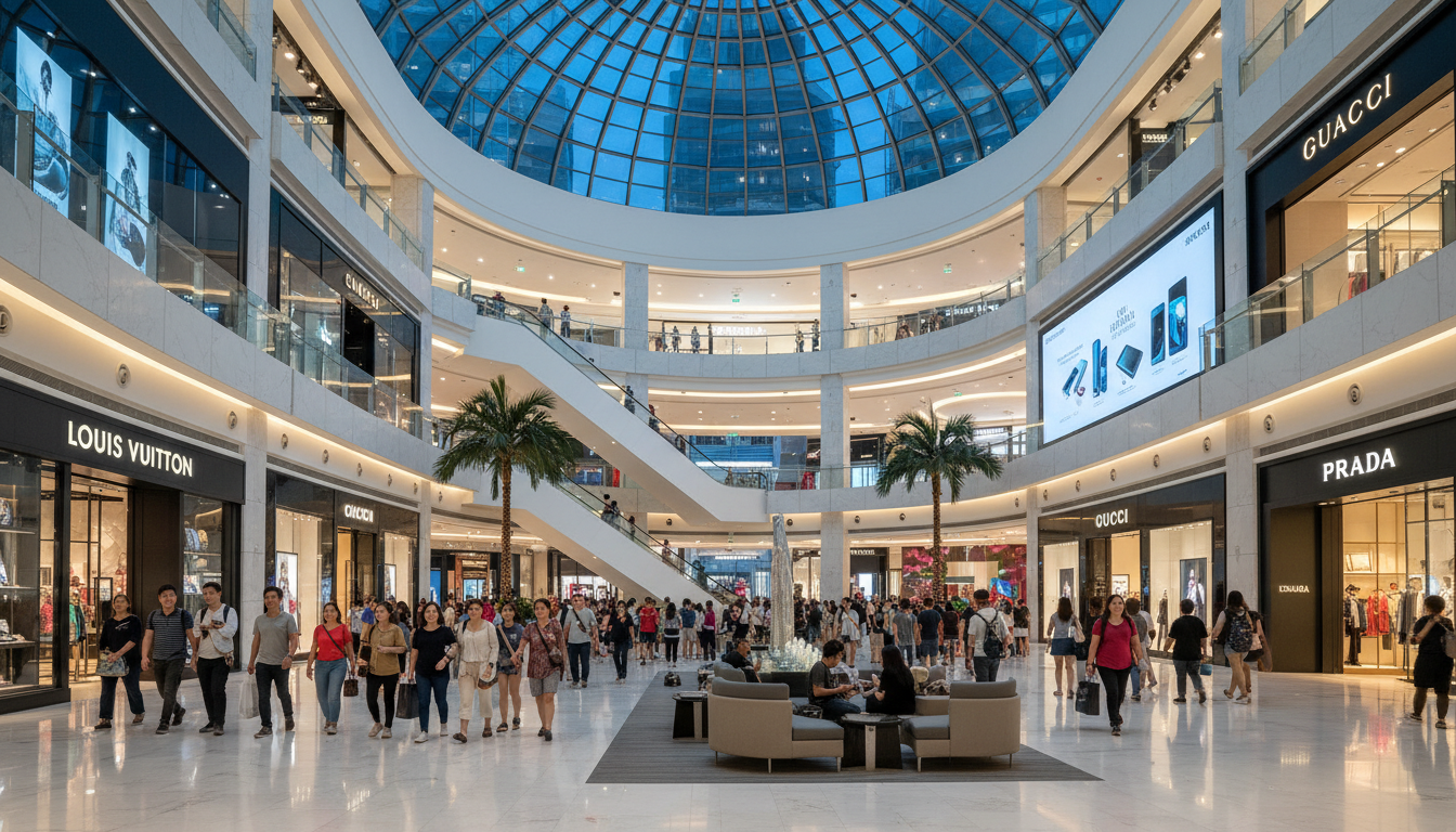Image: A bustling modern shopping mall in a Tier 1 Asian city like Singapore or Seoul, with bright lights, designer stores, and diverse shoppers, conveying a sense of urban sophistication and global trends.