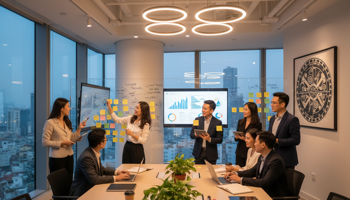 Image: A diverse group of Asian marketing professionals in a modern, collaborative office setting in Ho Chi Minh City, brainstorming creative ideas on a whiteboard, with vibrant sticky notes and digital screens, emphasizing teamwork and local insights.
