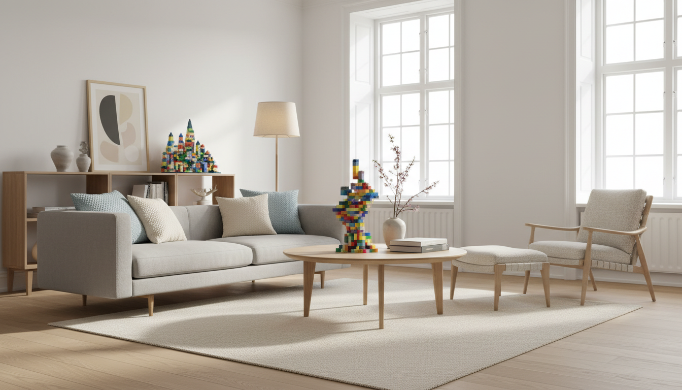 Image: A bright, minimalist Danish living room with elegant wooden furniture and a playful, colorful LEGO sculpture integrated subtly into the decor, reflecting a balance of adult design and childlike wonder.