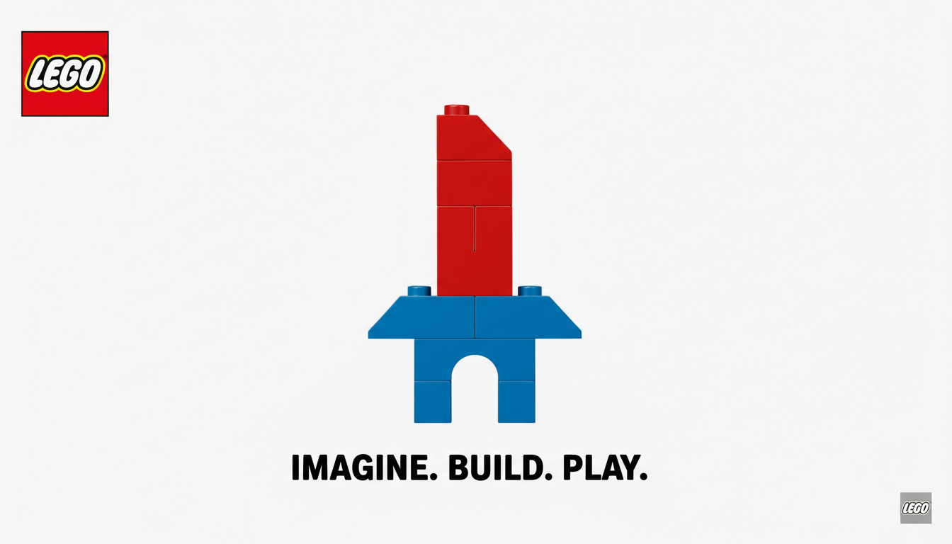 Image: A classic, minimalist LEGO print advertisement, featuring a simple white background with a few red and blue LEGO bricks arranged subtly to suggest a larger, imaginative object (e.g., a simple arrangement hinting at a rocket or a house), with a concise, thought-provoking tagline.