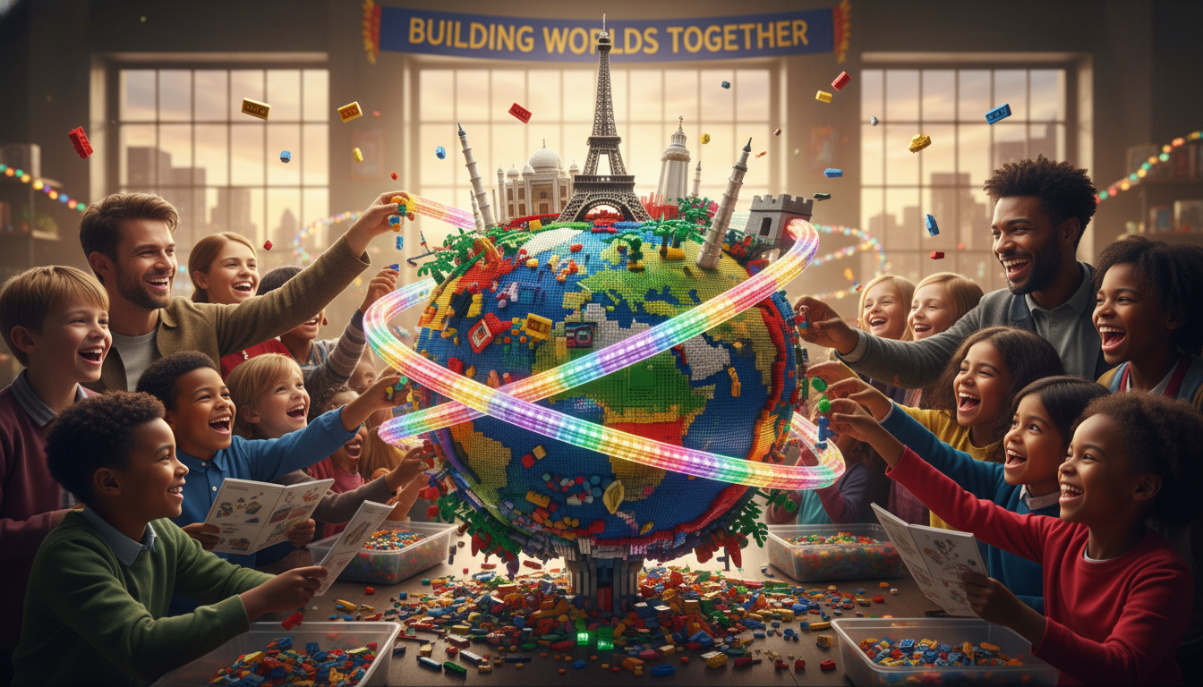 Image: A diverse group of children and adults from around the world, smiling and collaborating on a large, colorful LEGO creation, symbolizing global connection, creativity, and shared imagination, with a soft, warm lighting.
