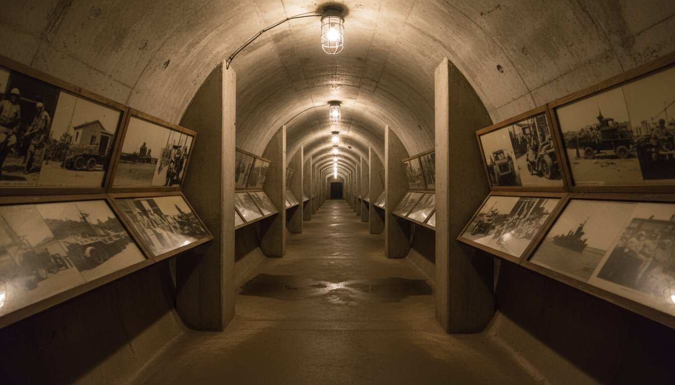 Image: Interior view of the WWII Oil Storage Tunnels in Darwin, showing a long, dimly lit concrete tunnel with historical photographs displayed along the walls, providing a sense of depth and history.