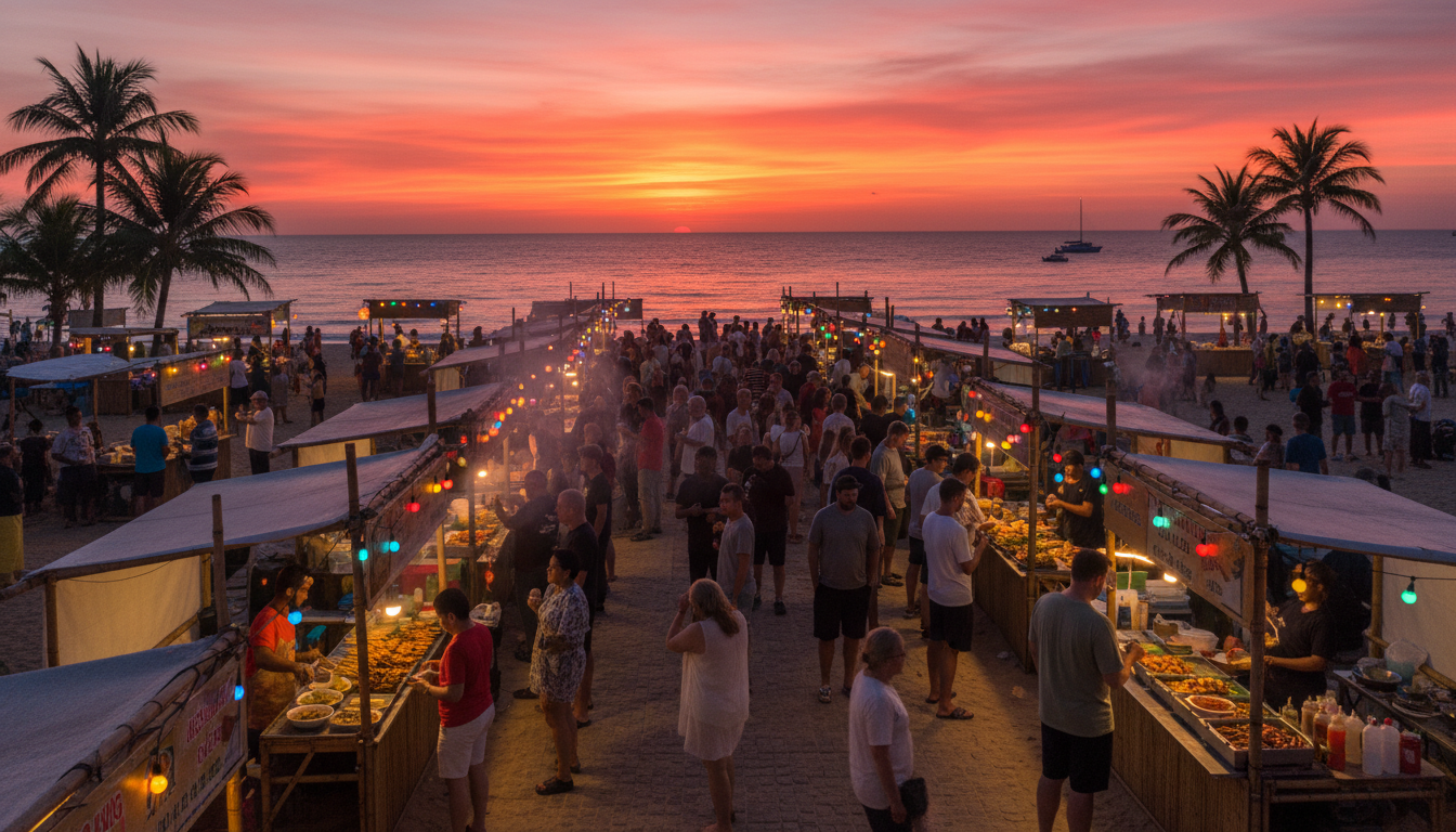 Image: A bustling, vibrant night market scene at Mindil Beach in Darwin, with numerous food stalls emitting steam and colorful lights, people queuing for food, and a stunning tropical sunset visible over the ocean in the background.