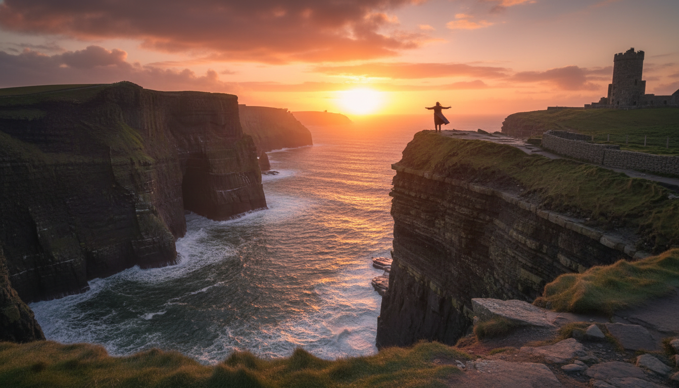 Image: A panoramic view of the Cliffs of Moher at sunset, with dramatic cliffs meeting the Atlantic Ocean, a lone figure standing on the cliff edge, conveying a sense of awe and history.