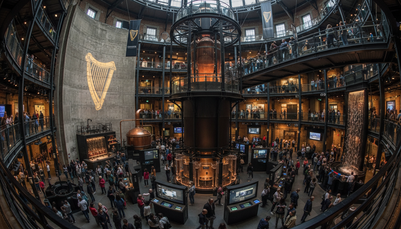 Image: Interior shot of the Guinness Storehouse in Dublin, showing the vast atrium with interactive exhibits and historical displays, visitors engaging with the brewing process, and the iconic Guinness logo prominently featured.