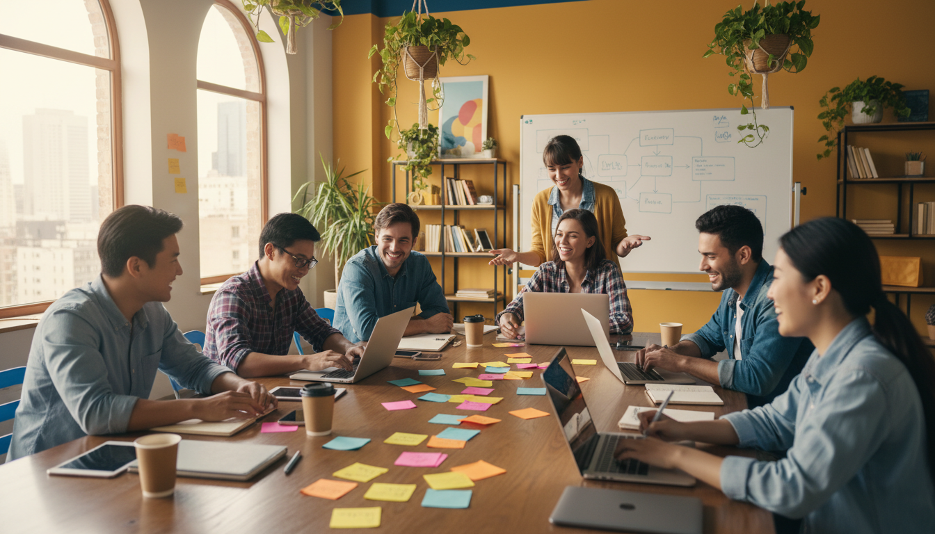 Image: A diverse group of young entrepreneurs collaborating around a table in a modern co-working space, brainstorming ideas with sticky notes and laptops, vibrant and energetic atmosphere.