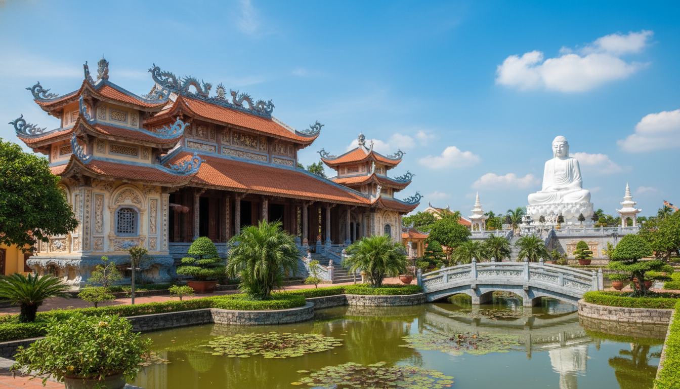 Image: A wide shot of Vinh Trang Pagoda in My Tho, Vietnam, showcasing its distinct blend of architectural styles. In the foreground, there are lush green gardens and ponds with water lilies. The main pagoda building features ornate curved roofs with dragon motifs, intricate carvings in pastel colors, and a majestic statue of a sitting Buddha visible in the background. The sky is bright blue with soft clouds.
