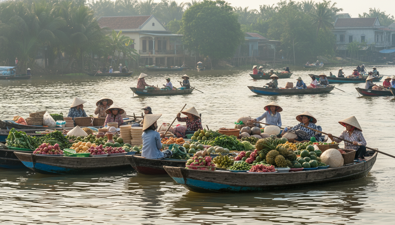 Image: A bustling, vibrant floating market scene on the Tiền River near My Tho. Boats of various sizes are filled with colorful fresh fruits, vegetables, and other local produce. Merchants in conical hats are interacting with customers. The sunlight reflects off the calm river water, and the background shows lush green riverbanks and traditional delta houses.