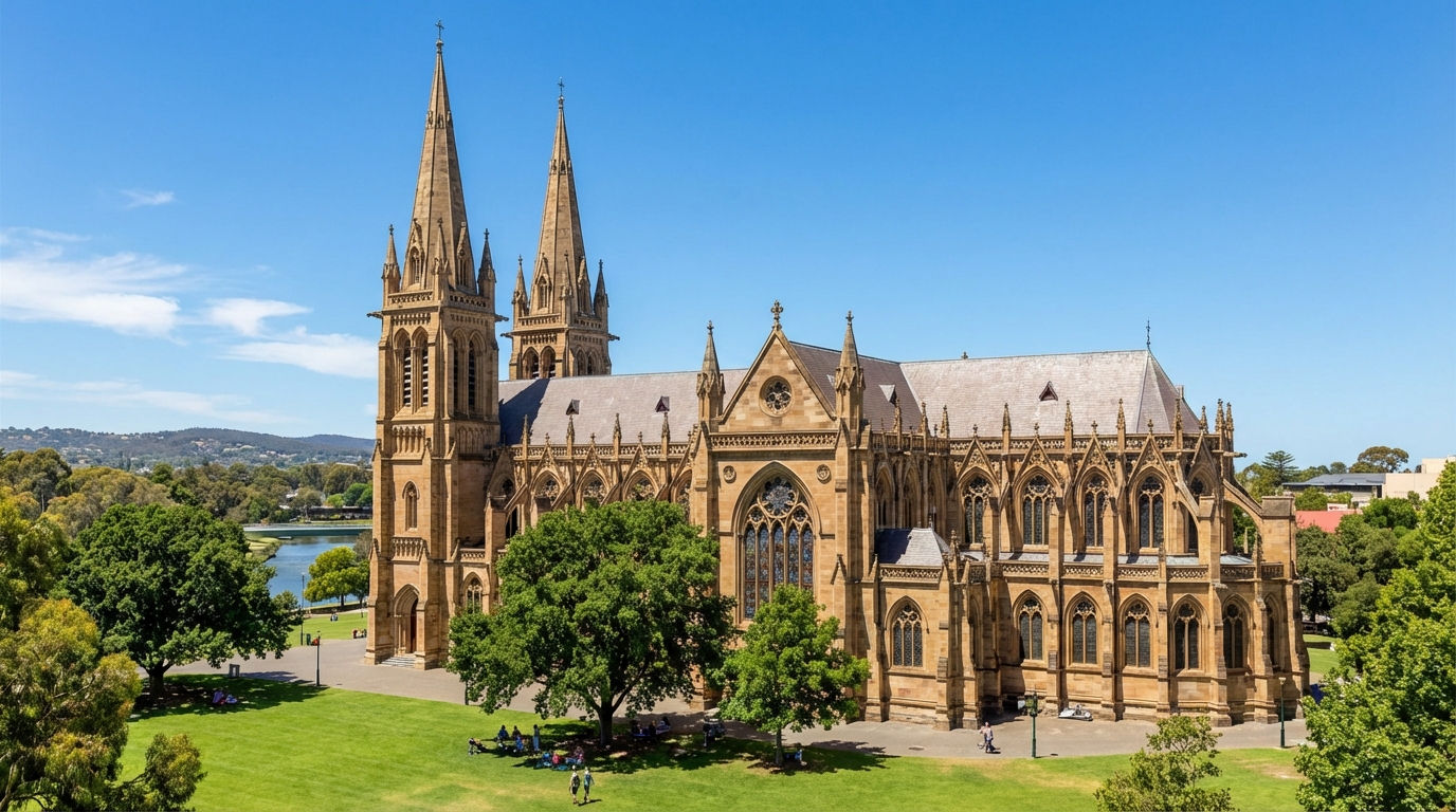 Image: A wide exterior shot of St. Peter's Cathedral in Adelaide, showcasing its prominent Gothic Revival architecture, twin spires, intricate stonework, and the surrounding green lawn under a clear blue sky.