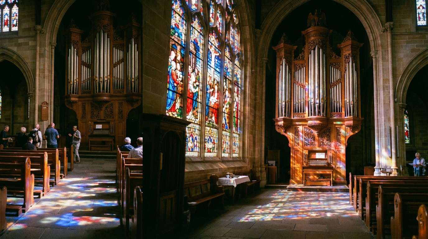 Image: Interior view of St. Peter's Cathedral in Adelaide, focusing on the vibrant colours of a large, intricate stained glass window, with light streaming through, and the ornate details of the main pipe organ visible in the background.