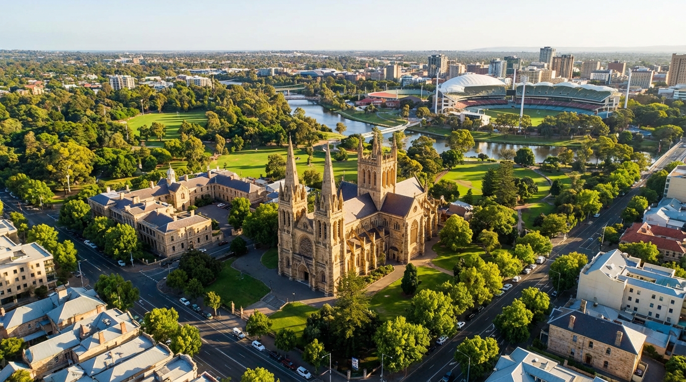 Image: An aerial view of North Adelaide, showing St. Peter's Cathedral prominently with its spires, nestled among green spaces and historic buildings, with the River Torrens and Adelaide Oval visible in the background, illustrating its landmark status.