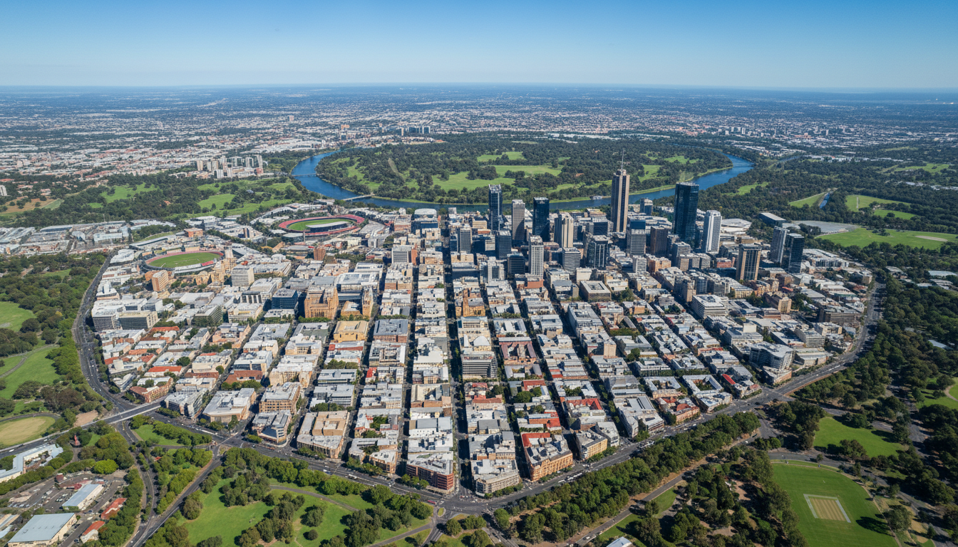 Image: An aerial view of Adelaide's CBD grid pattern, surrounded by lush green parklands, with the River Torrens winding through. The city looks clean, well-organised, and dotted with historic buildings and modern high-rises under a clear blue sky.