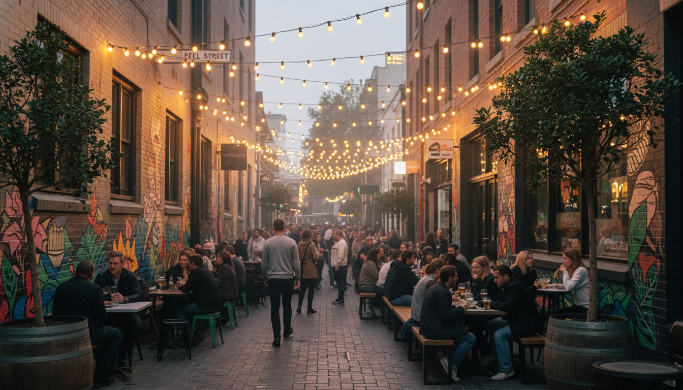 Image: A vibrant, narrow laneway in Adelaide at dusk, bustling with people. String lights crisscross overhead, illuminating outdoor seating areas of trendy bars and restaurants. Street art is visible on brick walls, and the atmosphere is lively and inviting.