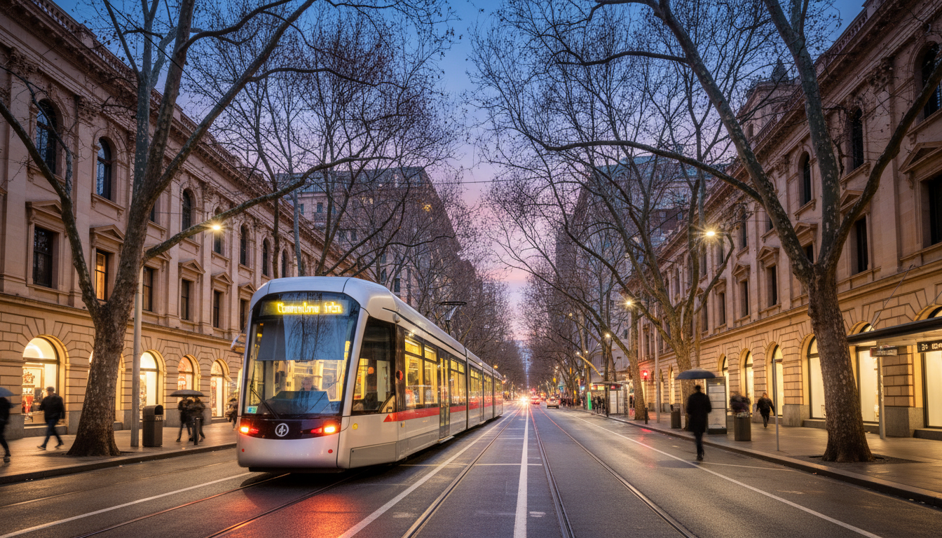 Image: A modern, sleek Adelaide tram brightly lit at dusk, gliding along a tree-lined street in the CBD. Historic sandstone buildings line the street, and a few pedestrians are visible on the footpath. The scene conveys efficient urban transport and a pleasant city atmosphere.