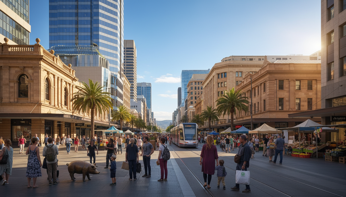 Image: A wide shot of a bustling Adelaide street scene, perhaps Rundle Mall or a lively market area, with a diverse crowd, hints of modern architecture blended with historic buildings, and a clear, sunny sky reflecting Adelaide's vibrant urban atmosphere.
