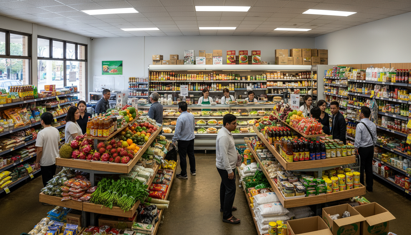 Image: A bustling indoor scene of a Vietnamese grocery store or market in Adelaide's northern suburbs. Shelves are packed with exotic fruits, fresh herbs, specialty sauces, and various Asian ingredients. Shoppers are diverse, and there's a visible deli counter with freshly prepared Vietnamese dishes. The atmosphere is authentic and vibrant.