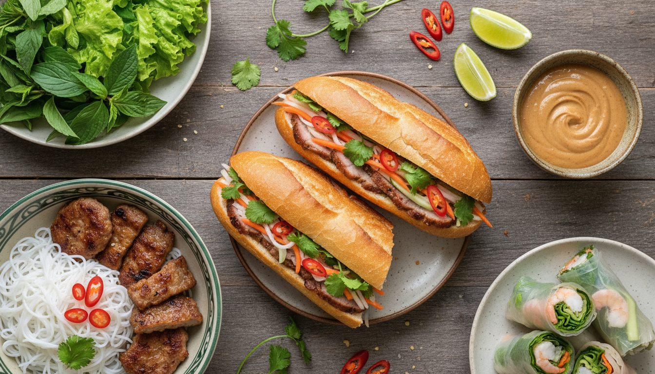 Image: A vibrant, close-up flat lay of an assortment of Vietnamese quick bites. This includes a perfectly sliced Bánh Mì sandwich showing its fillings, fresh rice paper rolls with a side of peanut sauce, and a small bowl of Bún Chả with vermicelli noodles and grilled pork. The items are artfully arranged on a rustic wooden table, possibly with some fresh herbs scattered around.