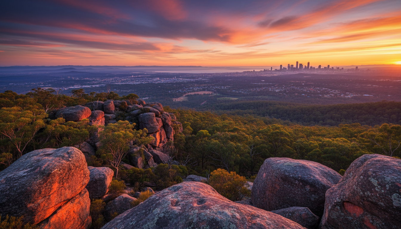 Image: A panoramic view of the Darling Scarp in the Perth Hills at sunset, showing ancient granite outcrops, eucalyptus forests, and the vast Swan Coastal Plain stretching towards the distant city skyline, bathed in warm golden light.