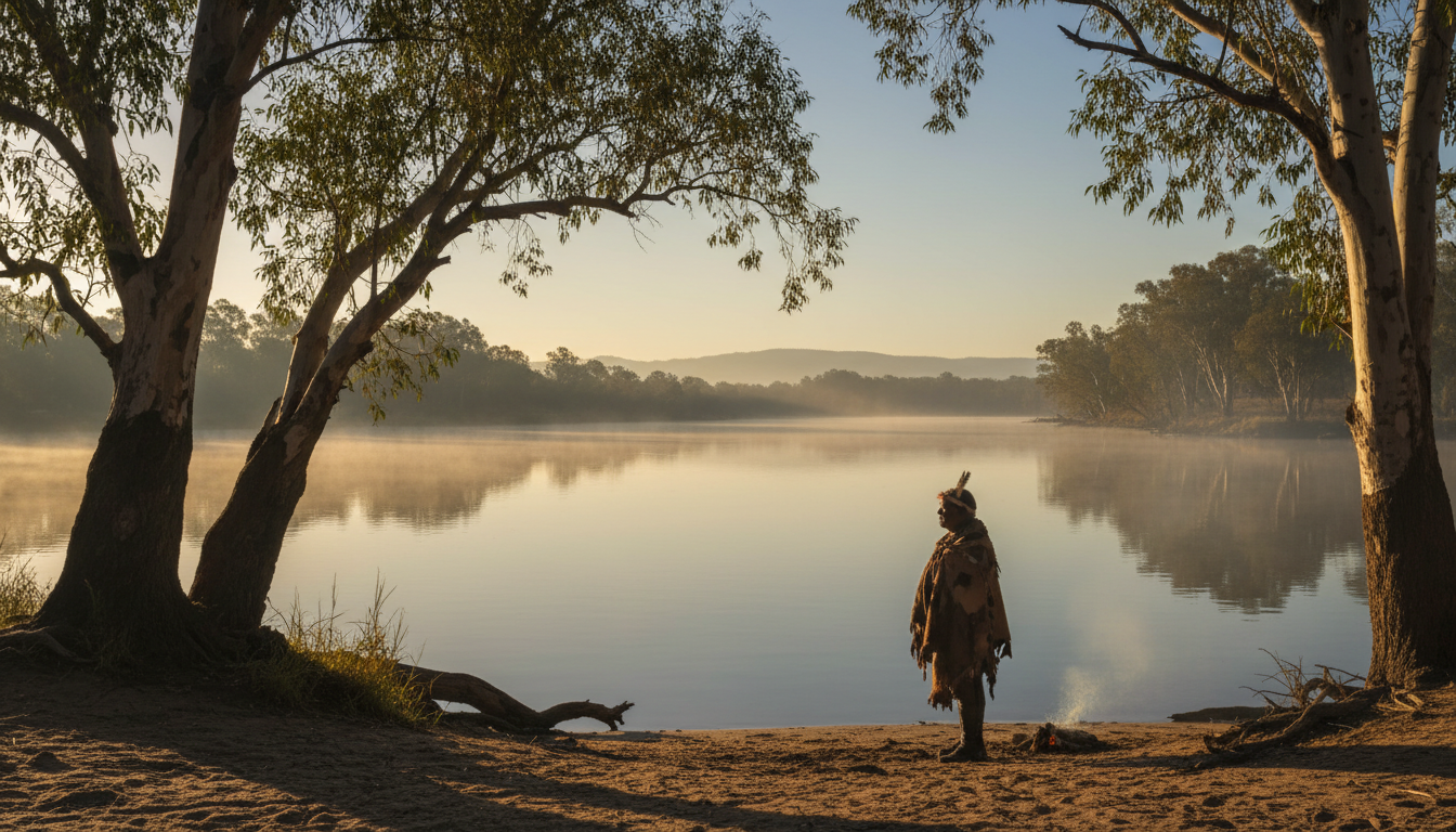 Image: A serene riverside scene on the Swan River (Derbarl Yerrigan) with ancient paperbark trees reflected in calm waters, and a subtle silhouette of a Noongar elder in traditional attire observing the landscape. The sunlight is soft and golden, hinting at deep spiritual connection.