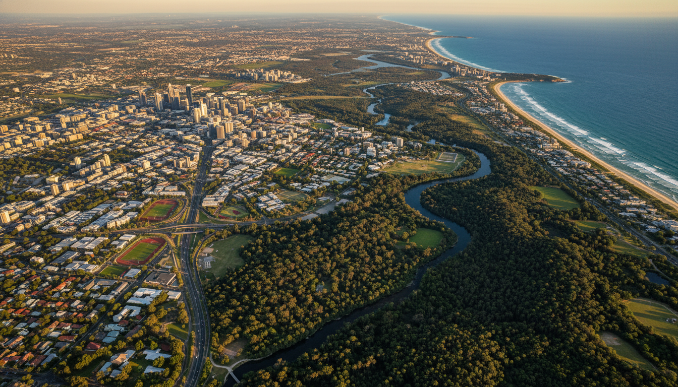 Image: A modern aerial view of Perth's urban sprawl blending into natural bushland and the coastline. The image shows a clear line where developed areas meet green spaces and the ocean, highlighting both the scale of urbanization and efforts to preserve natural corridors.