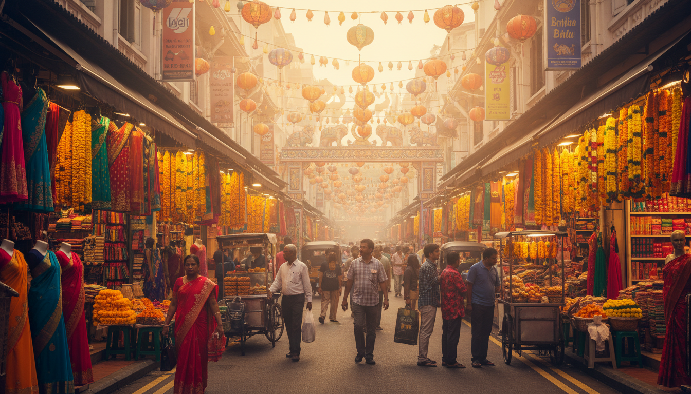 Image: A vibrant, bustling street scene in Little India, Singapore, filled with colourful sari shops, flower stalls with marigold garlands, people walking, and a rich, warm glow from traditional lanterns. The air appears to shimmer with spice aromas.