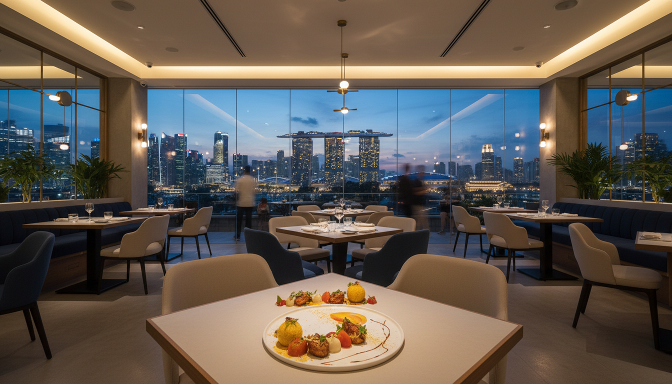 Image: An elegant, modern Indian fusion restaurant in Singapore at dusk, with soft lighting, minimalist decor, and a beautifully plated dish of innovative Indian cuisine on a table. Outside, the city lights begin to twinkle.