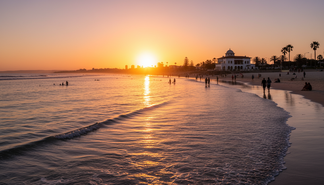 Image: A breathtaking sunset over Cottesloe Beach, Perth, with golden light illuminating the iconic Indiana Teahouse and silhouettes of people enjoying the last rays of sun. The water is calm and reflects the vibrant sky, with gentle waves lapping the shore.