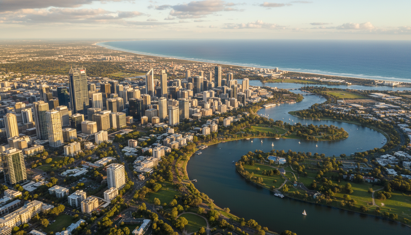 Image: A vibrant aerial view of Perth city, showing its modern skyscrapers contrasted with the Swan River snaking through, leading towards the sparkling Indian Ocean on the horizon, symbolizing the city's connection to both urban life and natural beauty.