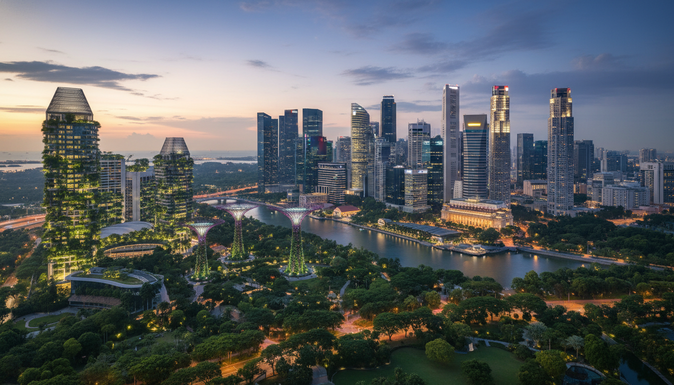 Image: A stunning aerial view of Singapore showcasing a harmonious blend of modern skyscrapers with extensive lush green spaces, vertical gardens on buildings, and tree-lined streets, embodying the 'City in Nature' concept at twilight.