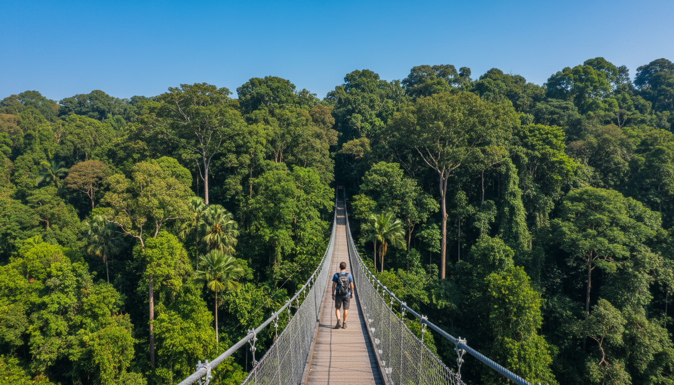 Image: A person standing on the suspension bridge of the HSBC Treetop Walk at MacRitchie Reservoir Park, looking out over a dense, vibrant green tropical forest canopy under a clear blue sky.
