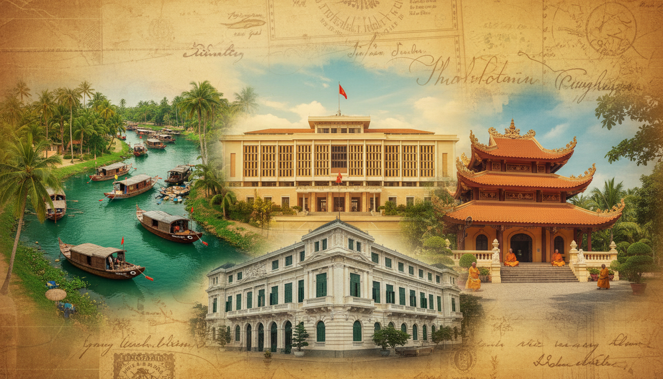 Image: A vibrant historical collage representing South Vietnam, featuring elements like the Independence Palace, traditional Mekong Delta boats, a Buddhist pagoda, and a French colonial building, all under a warm, inviting light.