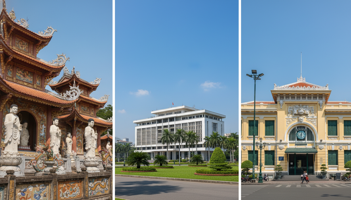 Image: A composite image showcasing the architectural diversity of South Vietnam's historical sites: a serene shot of Vinh Trang Pagoda's intricate details, the grand facade of the Independence Palace, and the distinct colonial elegance of the Saigon Central Post Office, all under a bright, clear sky.