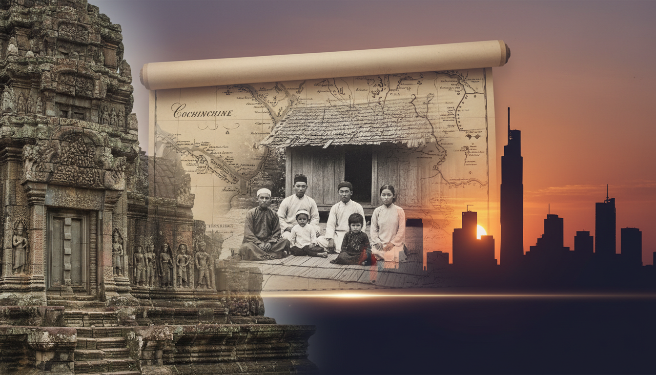 Image: A historical timeline visual, blending different eras: an ancient Khmer temple fragment, a 19th-century French colonial map of Cochinchina, a black and white photograph of a Vietnamese family from the early 20th century, and a silhouette of a modern Ho Chi Minh City skyline at sunset, all subtly overlaid.