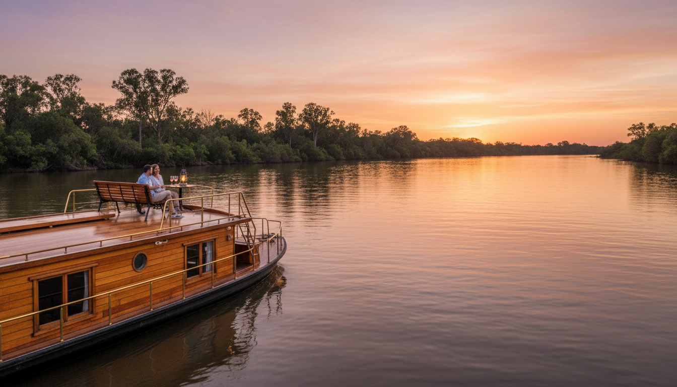 Image: A beautifully maintained wooden houseboat gently cruising along the wide, calm waters of the Murray River at sunset. The sky is painted with hues of orange, pink, and purple, reflecting on the glassy water. Lush green riverbanks with sparse eucalyptus trees line the distant shore. The houseboat has an upper deck with a couple enjoying the view.