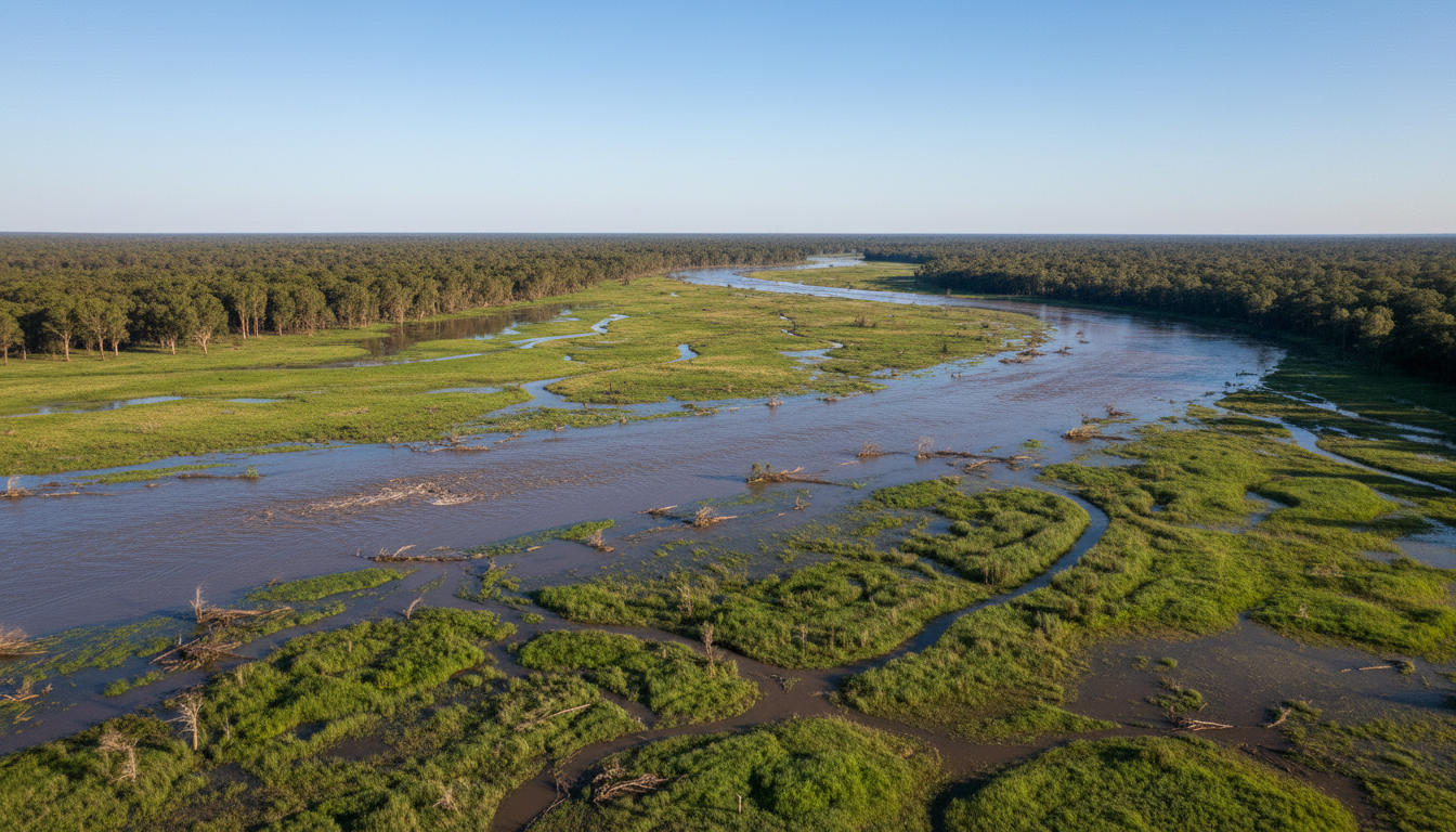 Image: A panoramic view of the Murray River and its expansive floodplain, showcasing the aftermath of a recent flood. The river is wide and slightly murky, with areas of standing water amidst lush green vegetation. Distant red gum forests line the horizon under a clear blue sky, demonstrating the river's natural recovery and resilience.