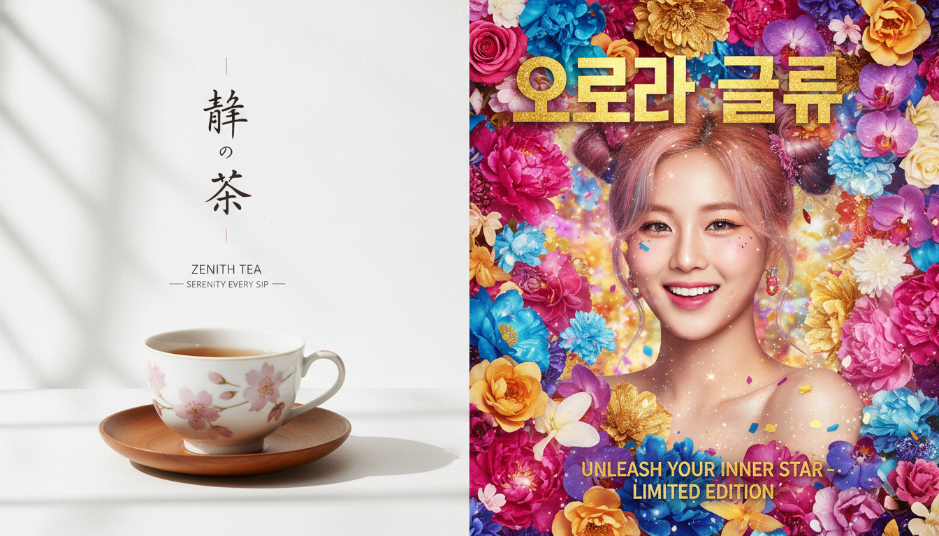 Image: A split image showing two contrasting advertising aesthetics. On the left, a minimalist Japanese advertisement for a premium tea, featuring a single elegant teacup, subtle natural lighting, and ample white space, conveying serenity. On the right, a maximalist South Korean cosmetics advertisement, featuring a K-Pop idol surrounded by vibrant, elaborate floral arrangements, sparkling effects, and bold text, conveying excitement and luxury.