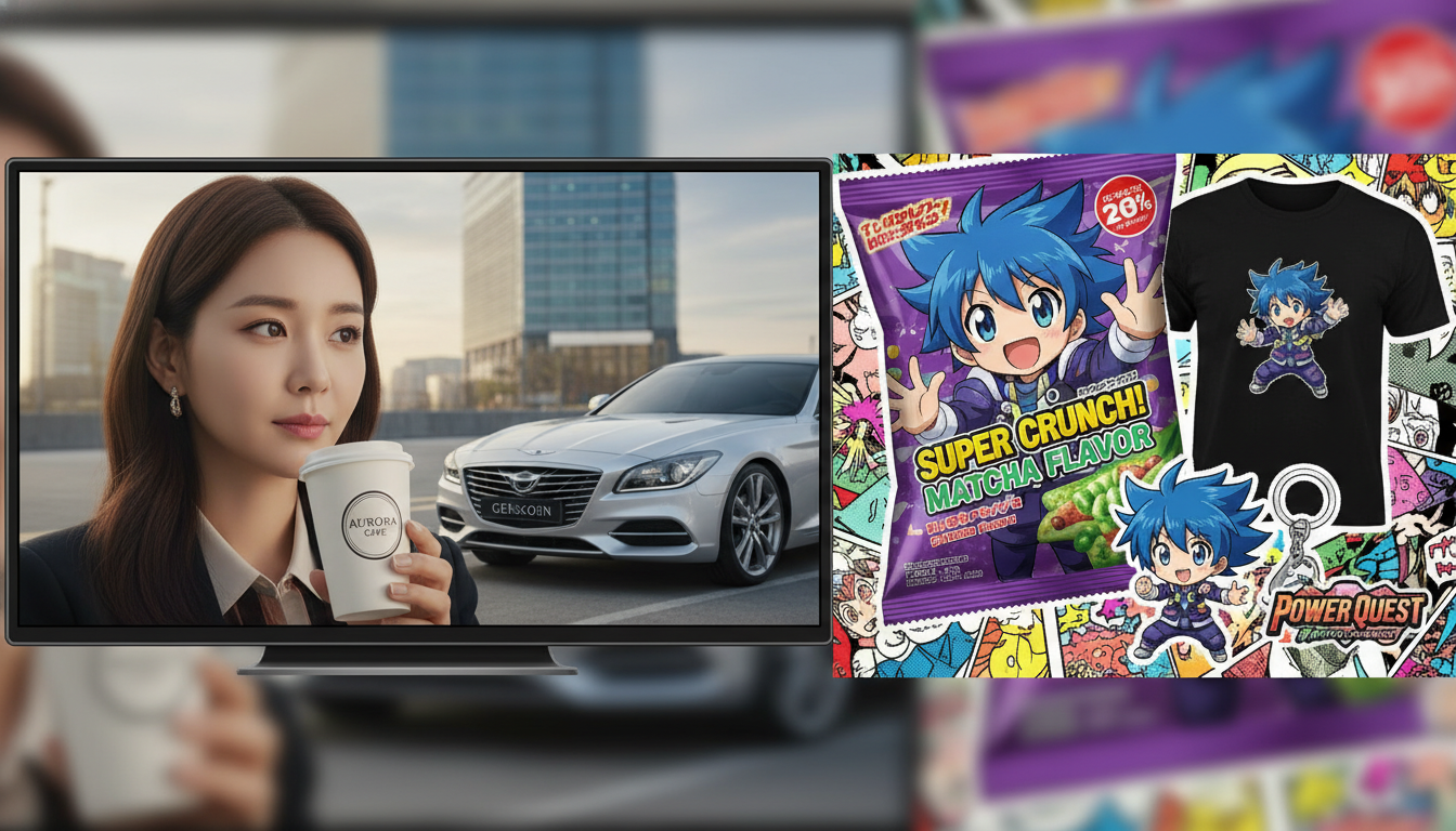Image: A vibrant montage representing cultural media impact. On the left, a scene from a popular K-Drama showing the lead actress subtly drinking from a branded coffee cup, with a luxury car visible in the background. On the right, a Japanese anime character from a popular series depicted on a limited-edition snack package, surrounded by other branded merchandise like a t-shirt and a keychain.
