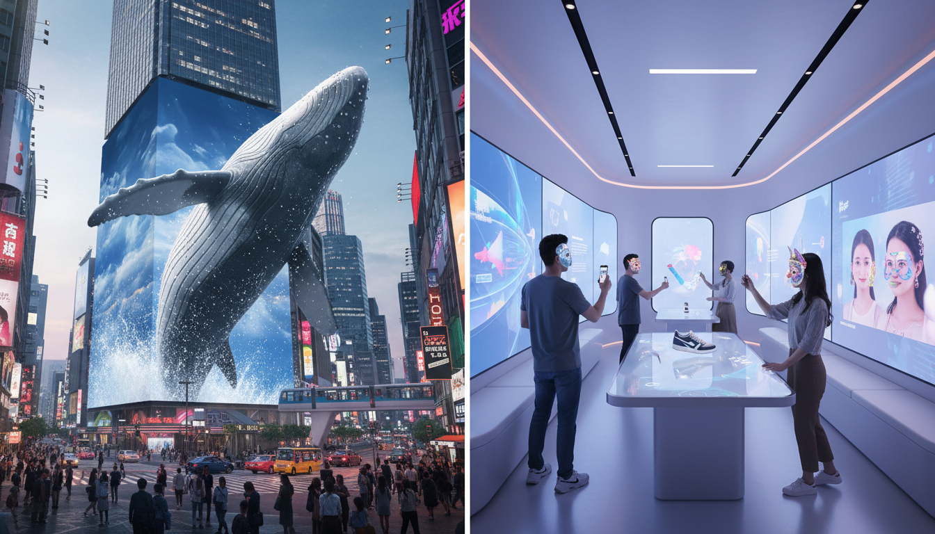 Image: A dynamic montage of innovative advertising. On the left, a giant 3D anamorphic billboard on a skyscraper in a bustling Asian city, showing a hyper-realistic whale jumping out of the screen, with city lights reflecting on its surface. On the right, the interior of a highly interactive pop-up store, featuring glowing digital displays, touch-sensitive surfaces, and customers engaging with AR filters on their phones, all within a futuristic, aesthetically pleasing design.