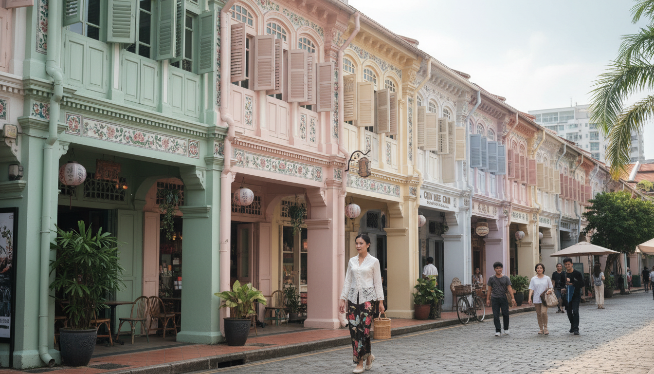 Image: A charming street scene in the Katong district of Singapore, featuring colourful, well-preserved Peranakan shophouses with intricate architectural details and vibrant pastel colours. A traditional Peranakan woman in a kebaya might be seen walking by, adding to the cultural authenticity.