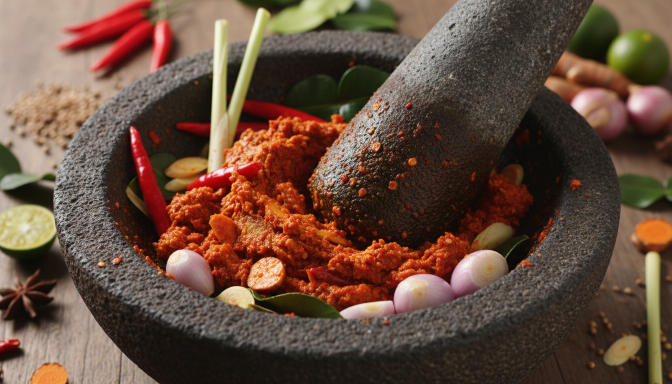 Image: A close-up shot of a traditional stone mortar and pestle (lesung batu) filled with a vibrant, freshly pounded Peranakan spice paste (rempah). The ingredients like red chillies, galangal, lemongrass, and shallots are visible, indicating the meticulous preparation.