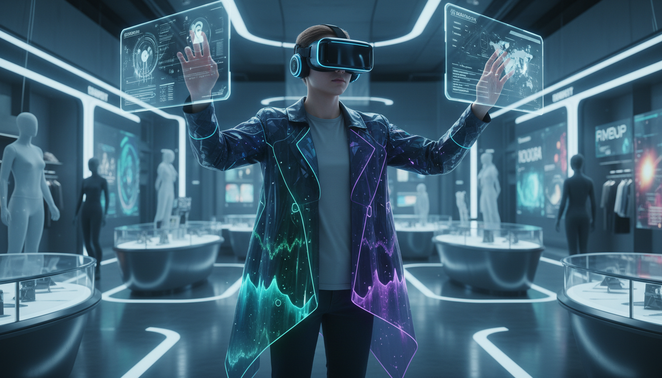 Image: A person wearing a sleek VR headset is immersed in a vibrant, futuristic retail environment, virtually trying on a new fashion item that shimmers with digital light.